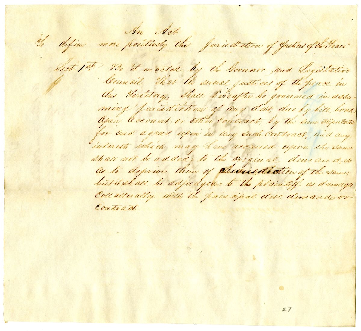 Draft of an Act to Define More Positively the Jurisdiction of Justices of the Peace, 1842