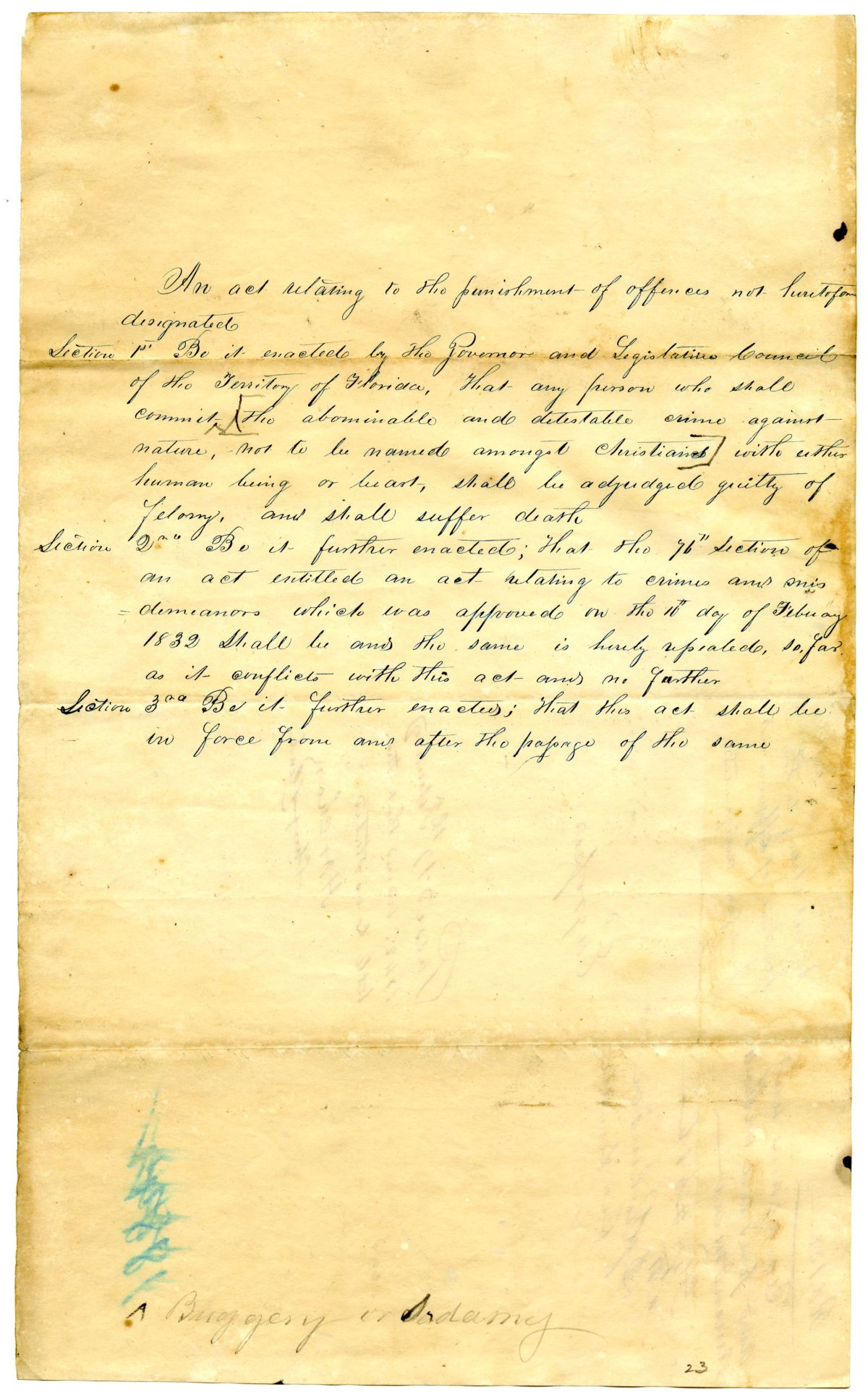 Draft of an Act Relating to the Punishment of Offenses Not Heretofore Designated, 1842