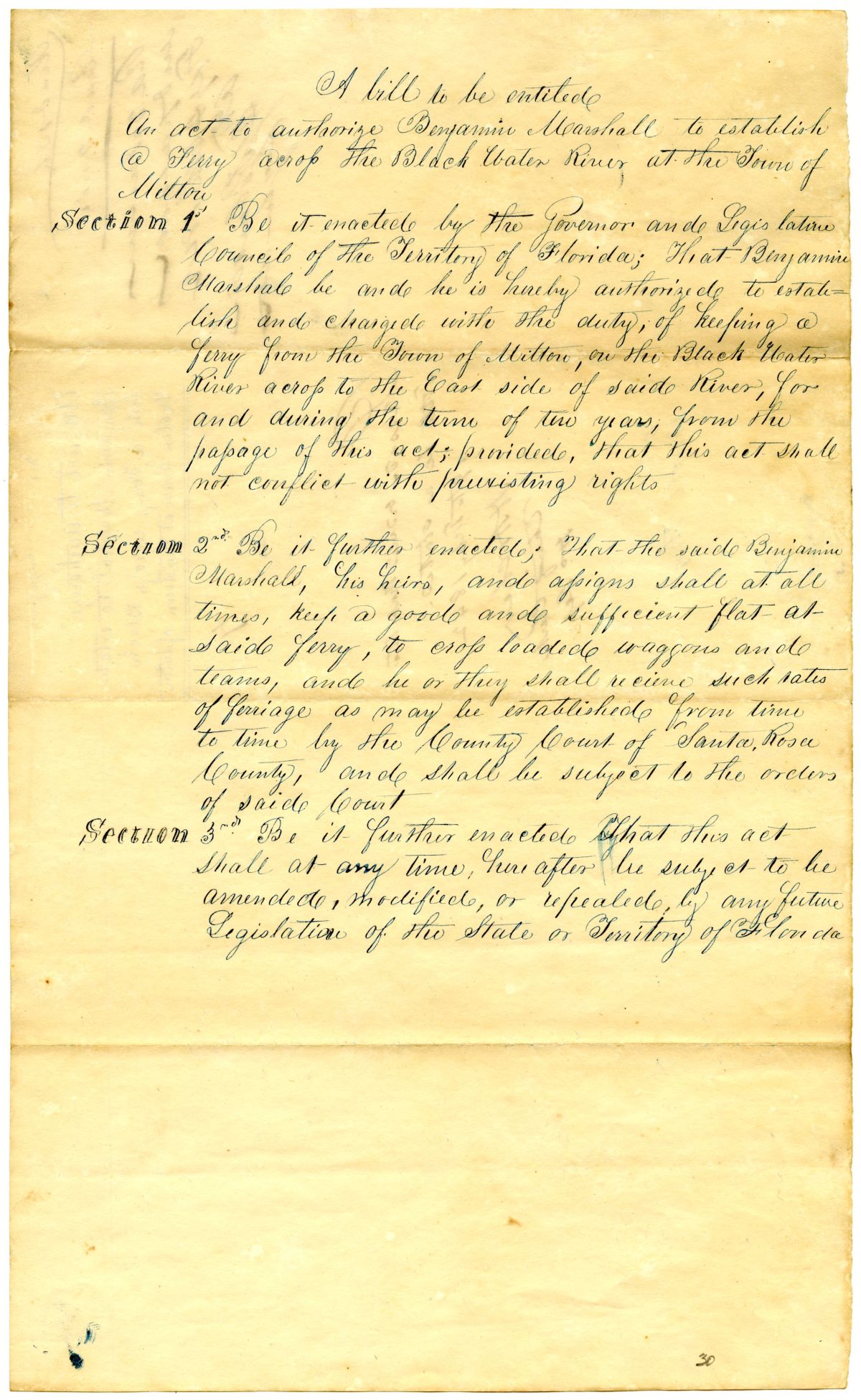 Draft of an Act to Authorize Benjamin Marshall to Establish a Ferry Across the Blackwater River at the Town of Milton, 1842