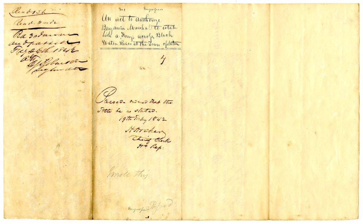 Draft of an Act to Authorize Benjamin Marshall to Establish a Ferry Across the Blackwater River at the Town of Milton, 1842