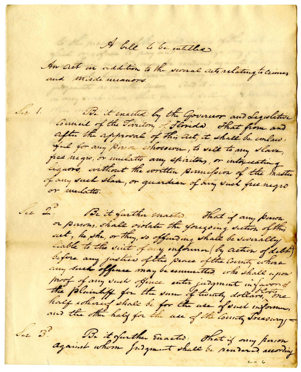 Draft of an Act in Addition to the Several Acts Relating to Crimes and Misdemeanors, 1842