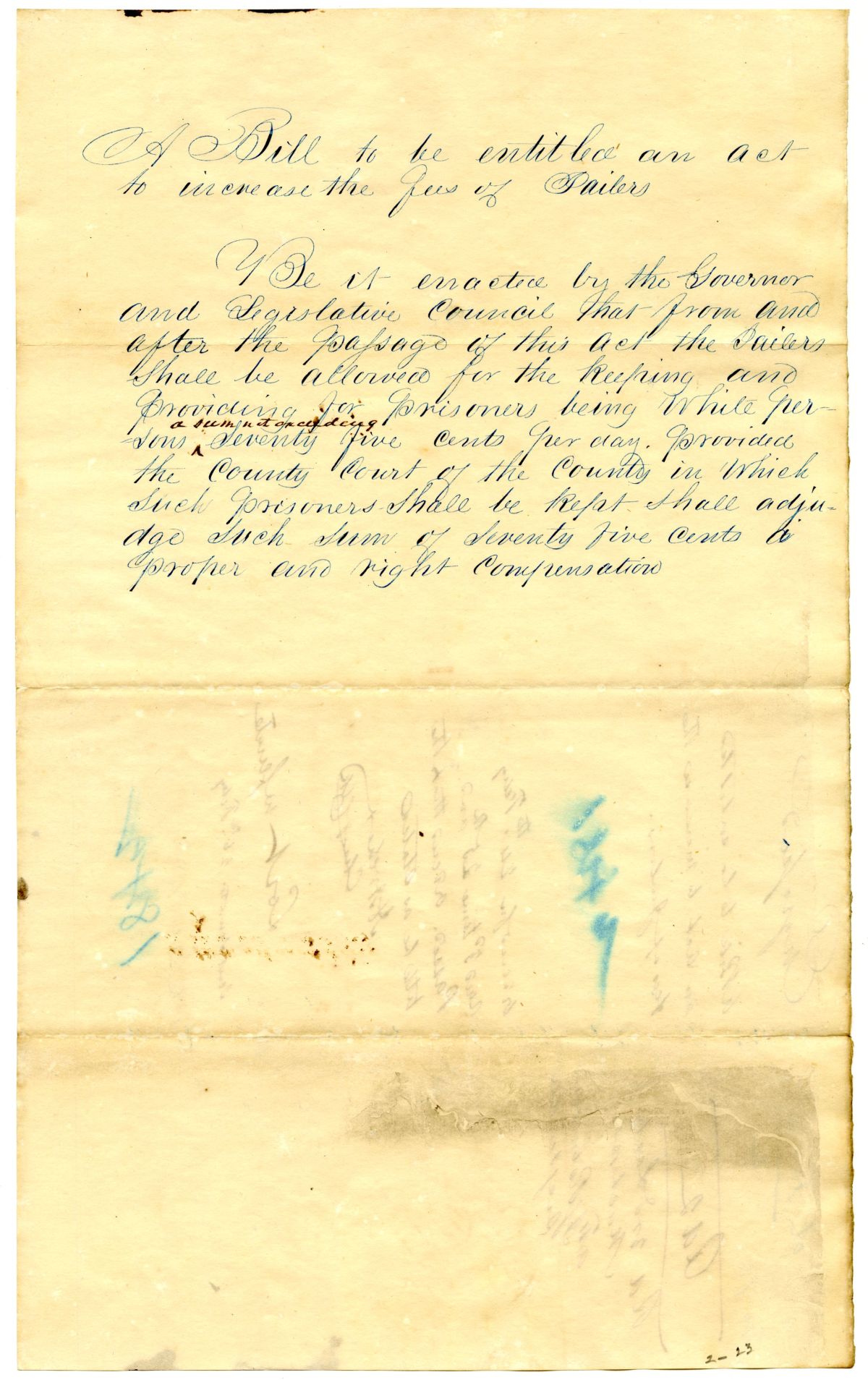 Draft of an Act to Increase the Fees of Jailers, 1842