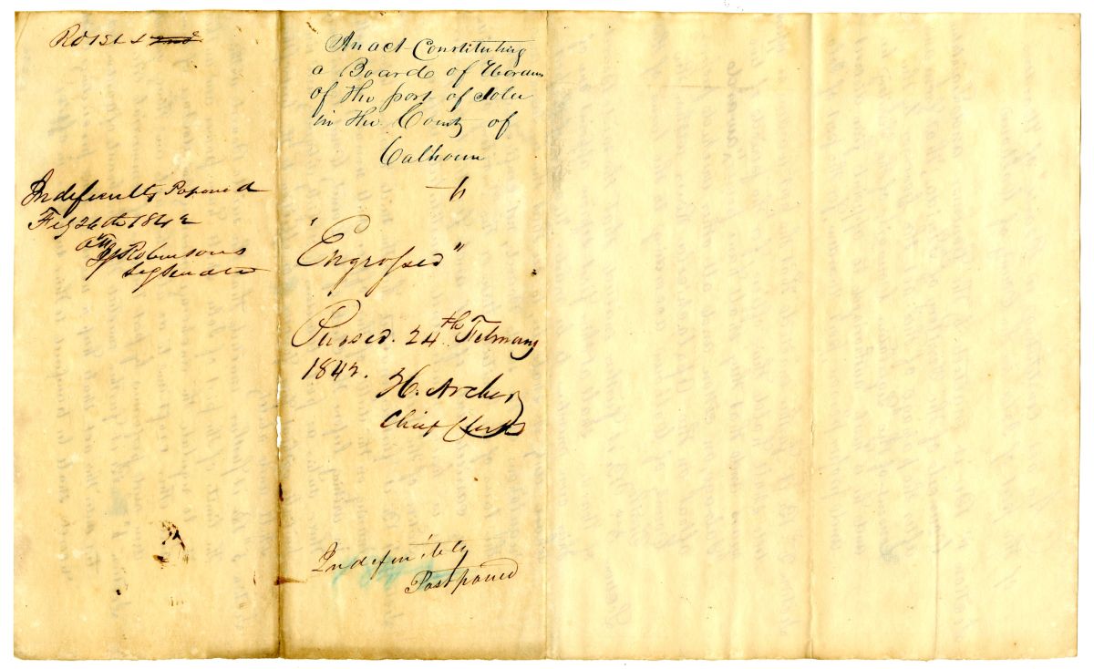 Draft of an Act Constituting a Board of Wardens of the Port of Iola in the County of Calhoun, 1842