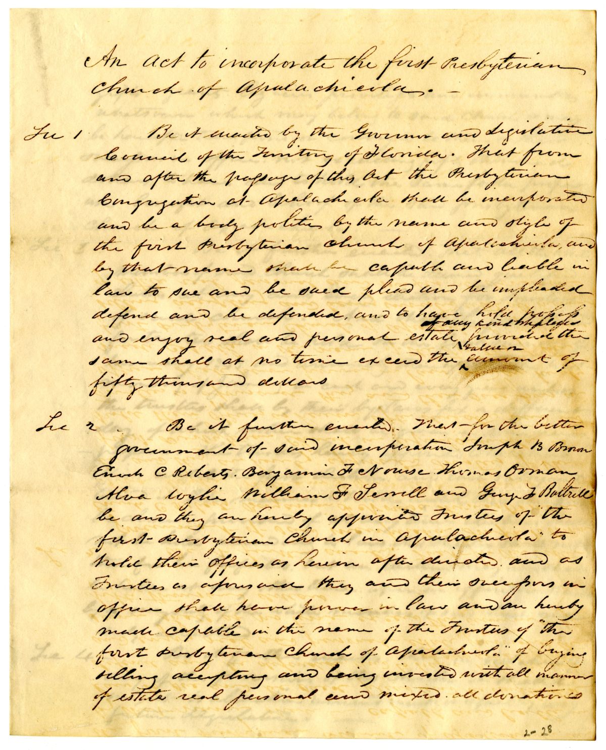 Draft of an Act to Incorporate the First Presbyterian Church of Apalachicola, 1842