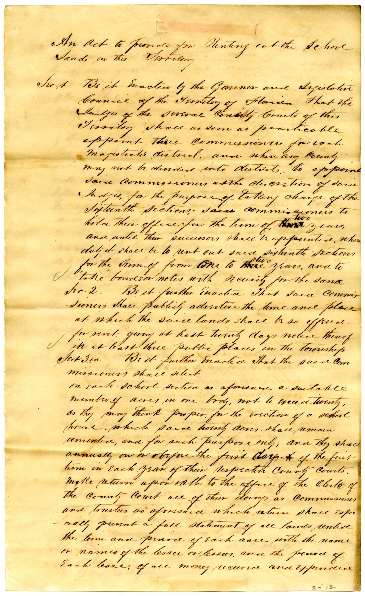 Draft of an Act to Provide for Renting Out the School Lands in this Territory, 1842