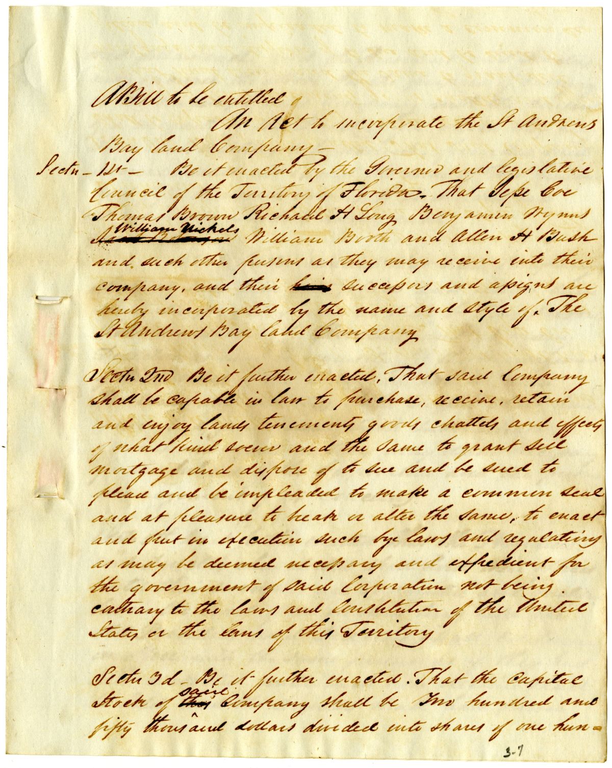 Draft of an Act to Incorporate the Saint Andrews Bay Land Company, circa 1842