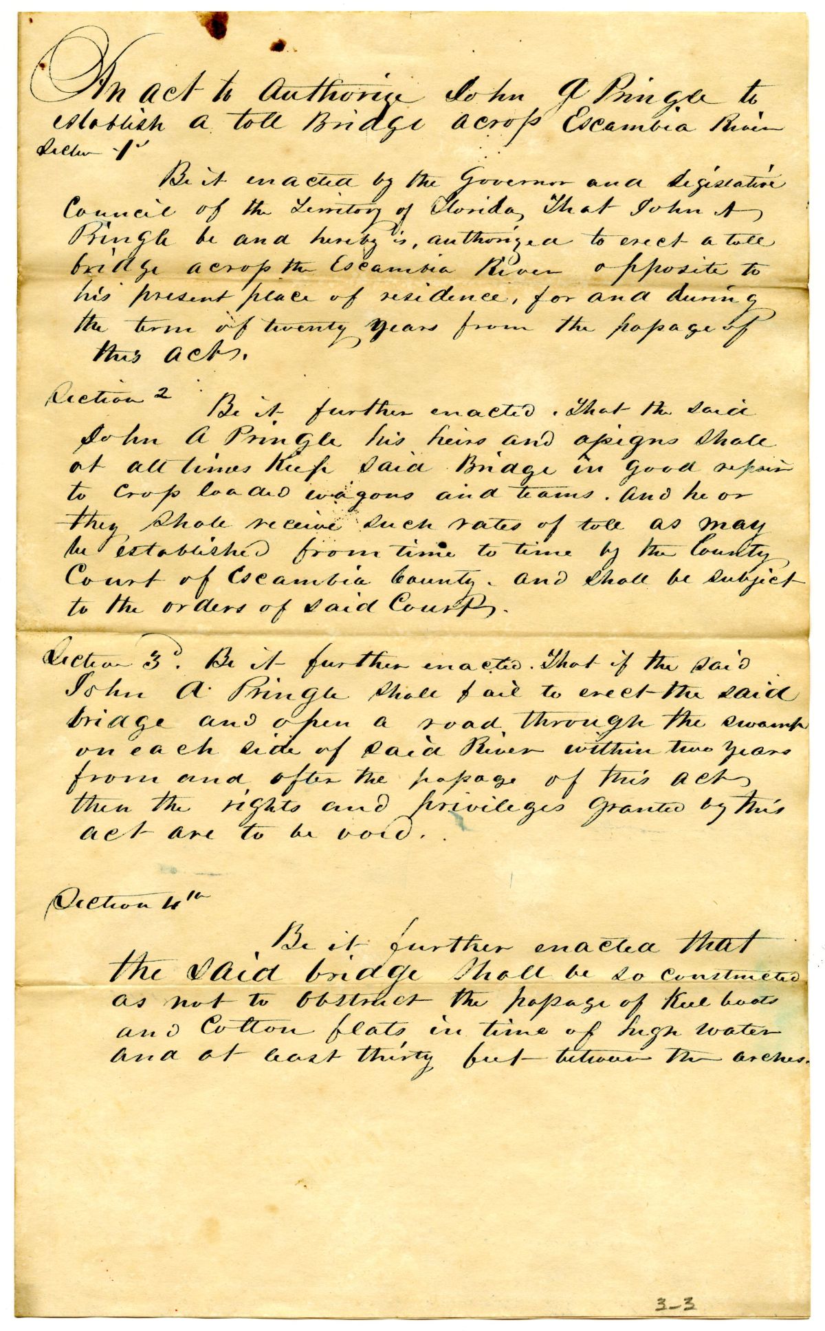 Draft of an Act to Authorize John A. Pringle to Establish a Toll Bridge Across the Escambia River, 1842