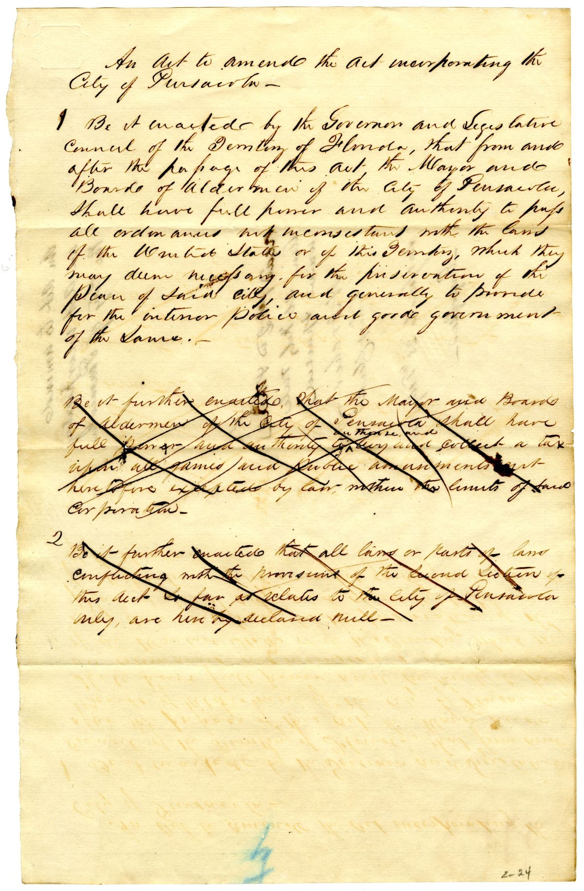 Draft of an Act to Amend the Act Incorporating the City of Pensacola, 1842