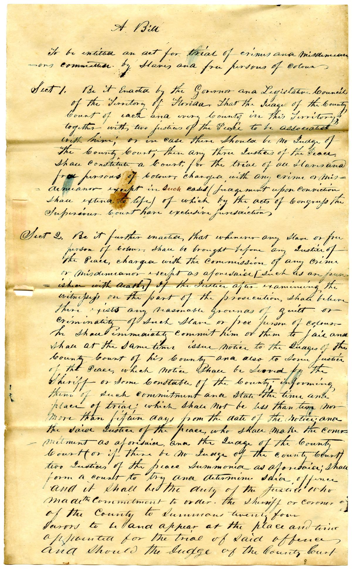 Draft of an Act for the Trial of Crimes and Misdemeanors Committed by Enslaved Persons and Free Persons of Color, 1842