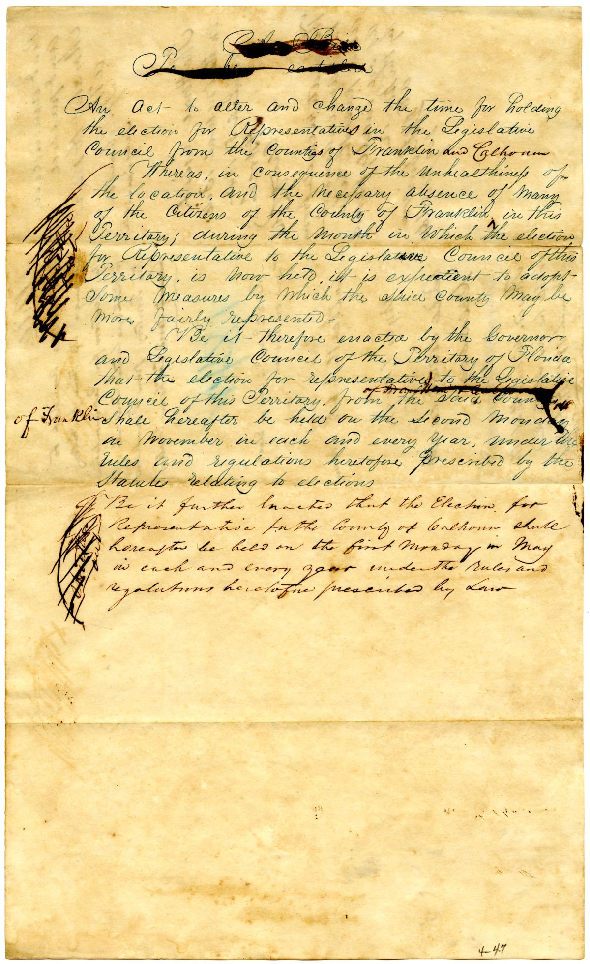 Draft of an Act to Change the Time of Elections for Representatives in the Territorial Legislative Council from Franklin and Calhoun Counties, 1842