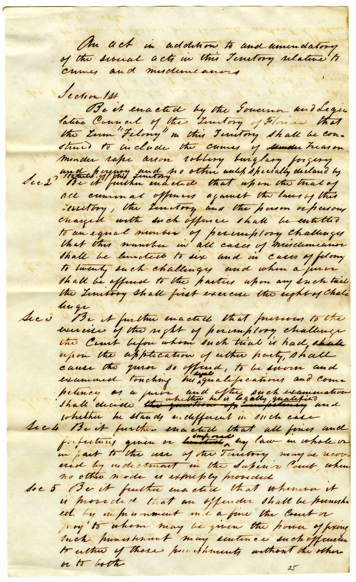 Draft of an Act in Addition to and Amendatory of the Several Acts in this Territory Relative to Crimes and Misdemeanors, 1842