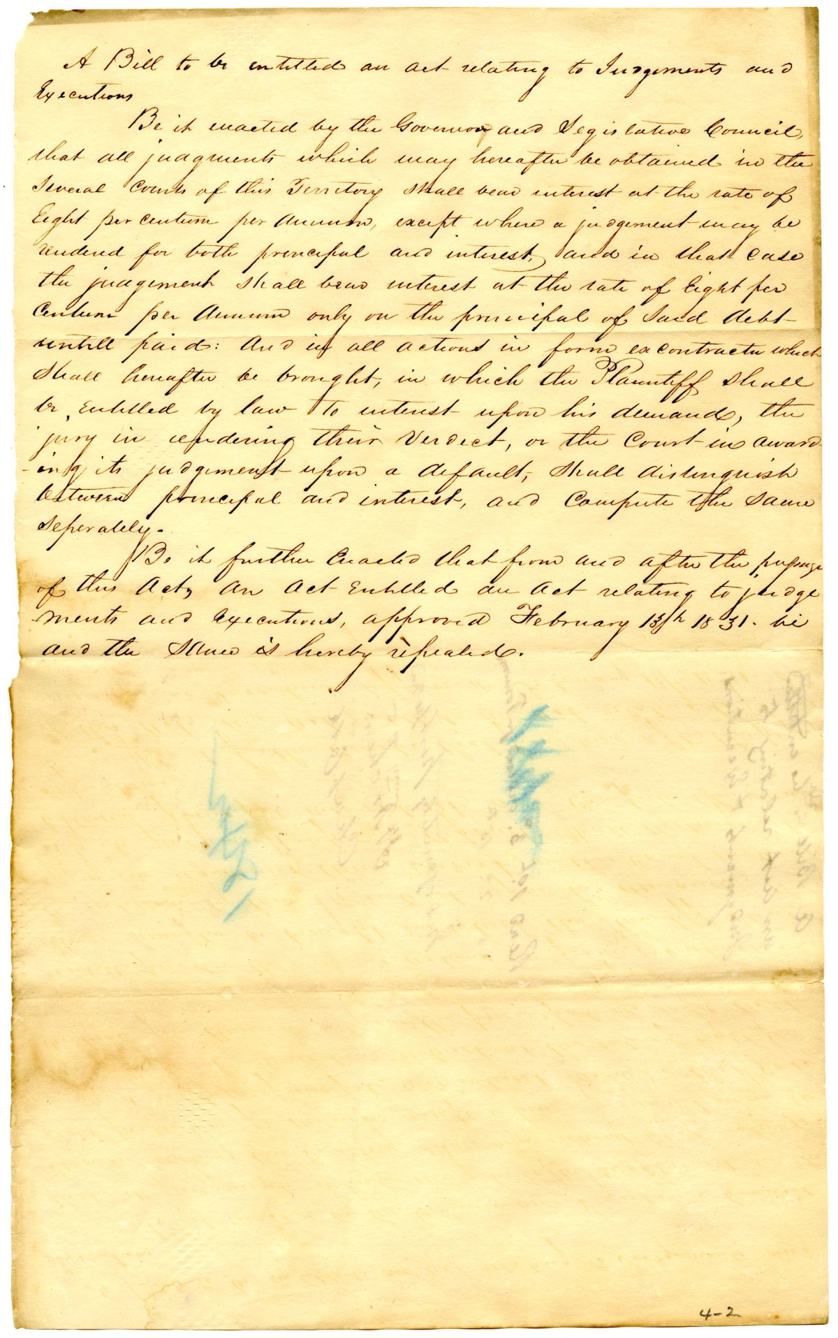 Draft of an Act Relating to Judgments and Executions, circa 1842