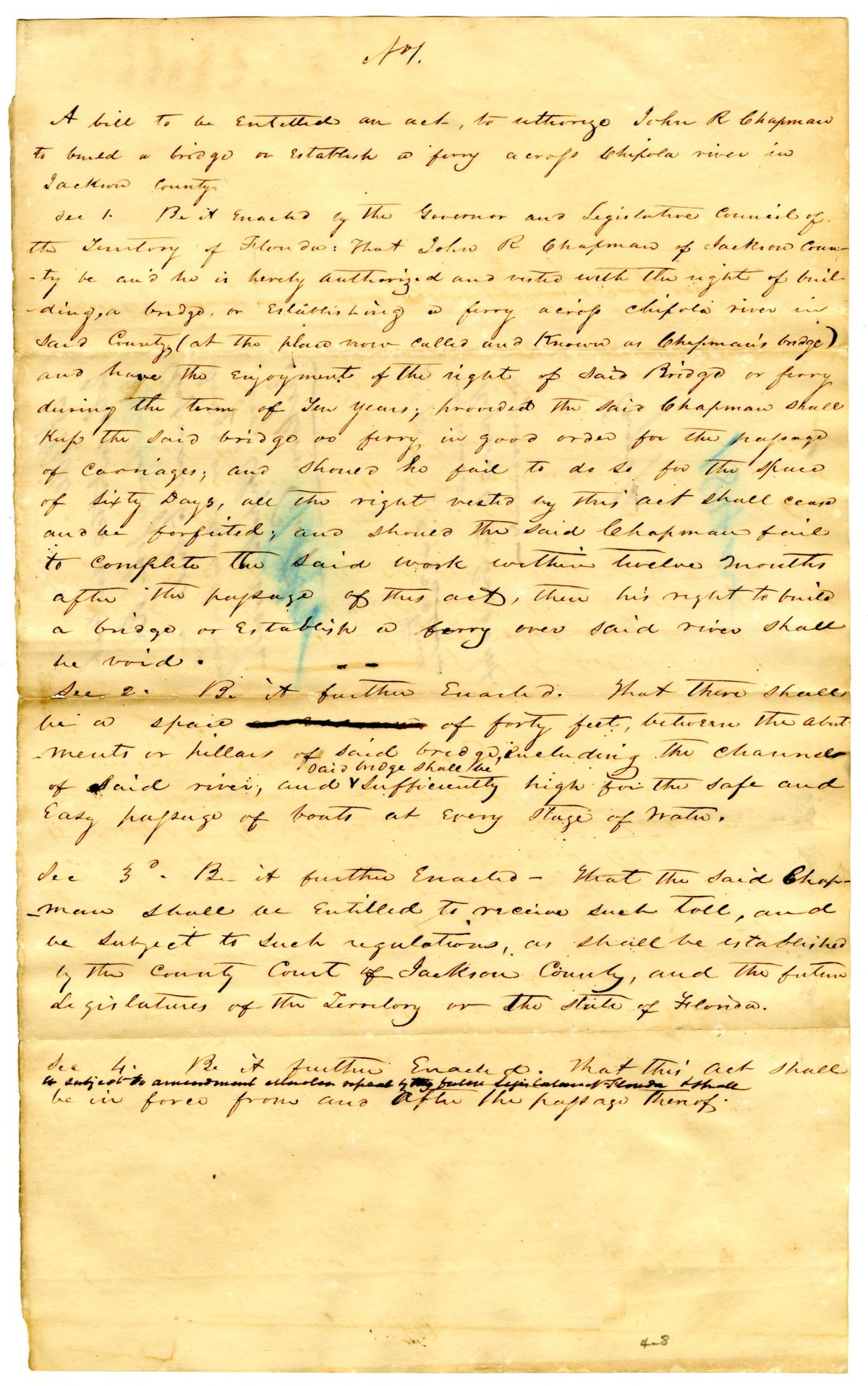 Draft of an Act to Authorize John R. Chapman to Build a Bridge or Establish a Ferry Across the Chipola River in Jackson County, 1842