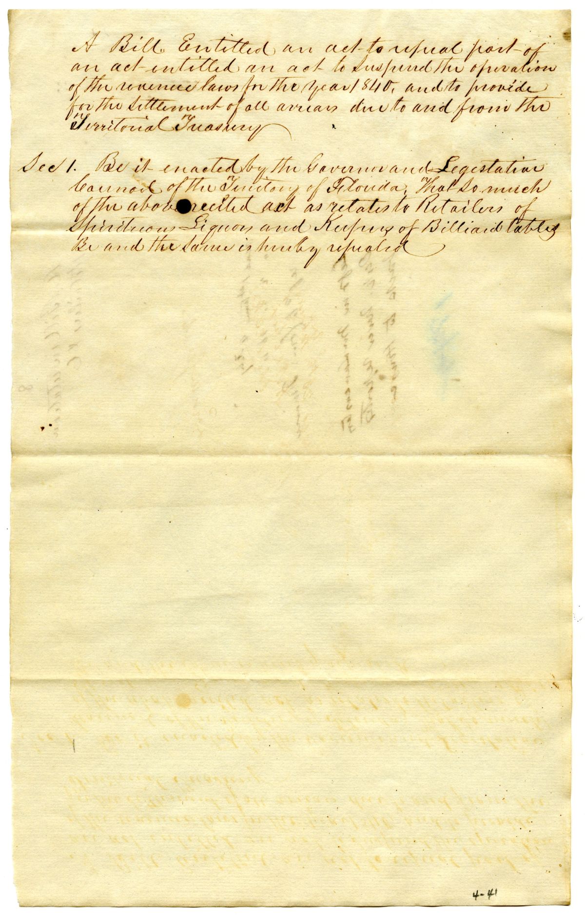 Draft of an Act to Repeal Part of an Act to Suspend the Operation of the Revenue Laws for the Year 1840, circa 1842