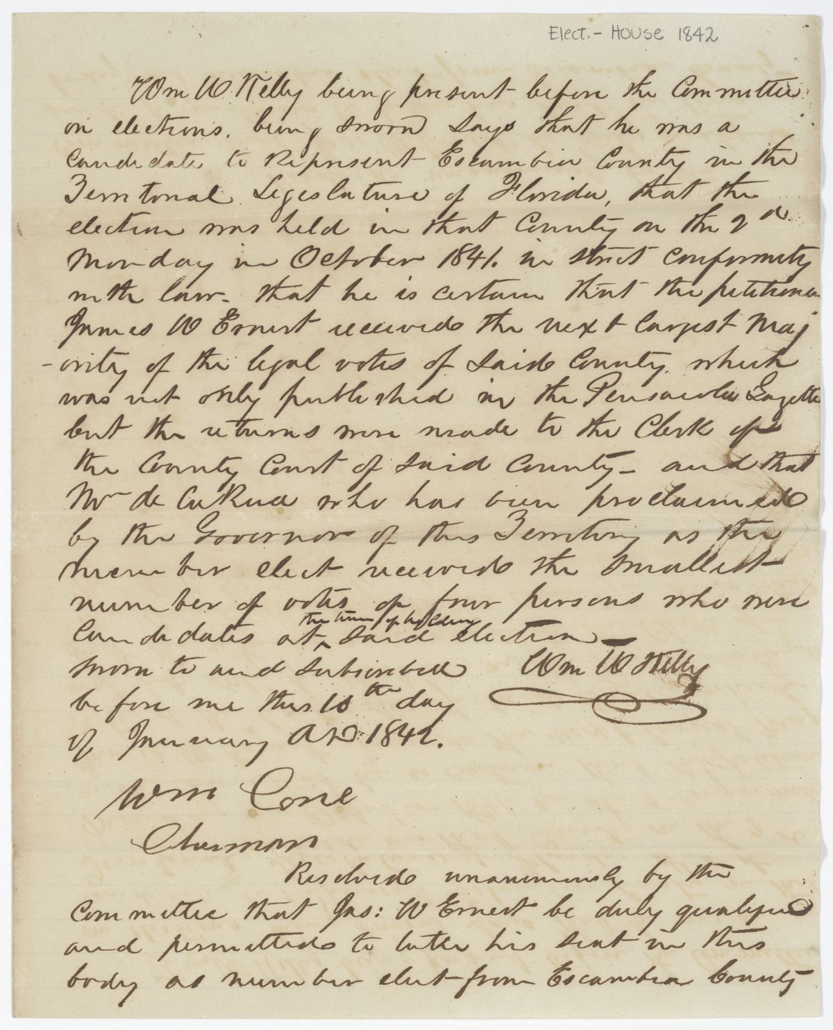 Resolution of the Committee on Elections with an Affidavit, 1842