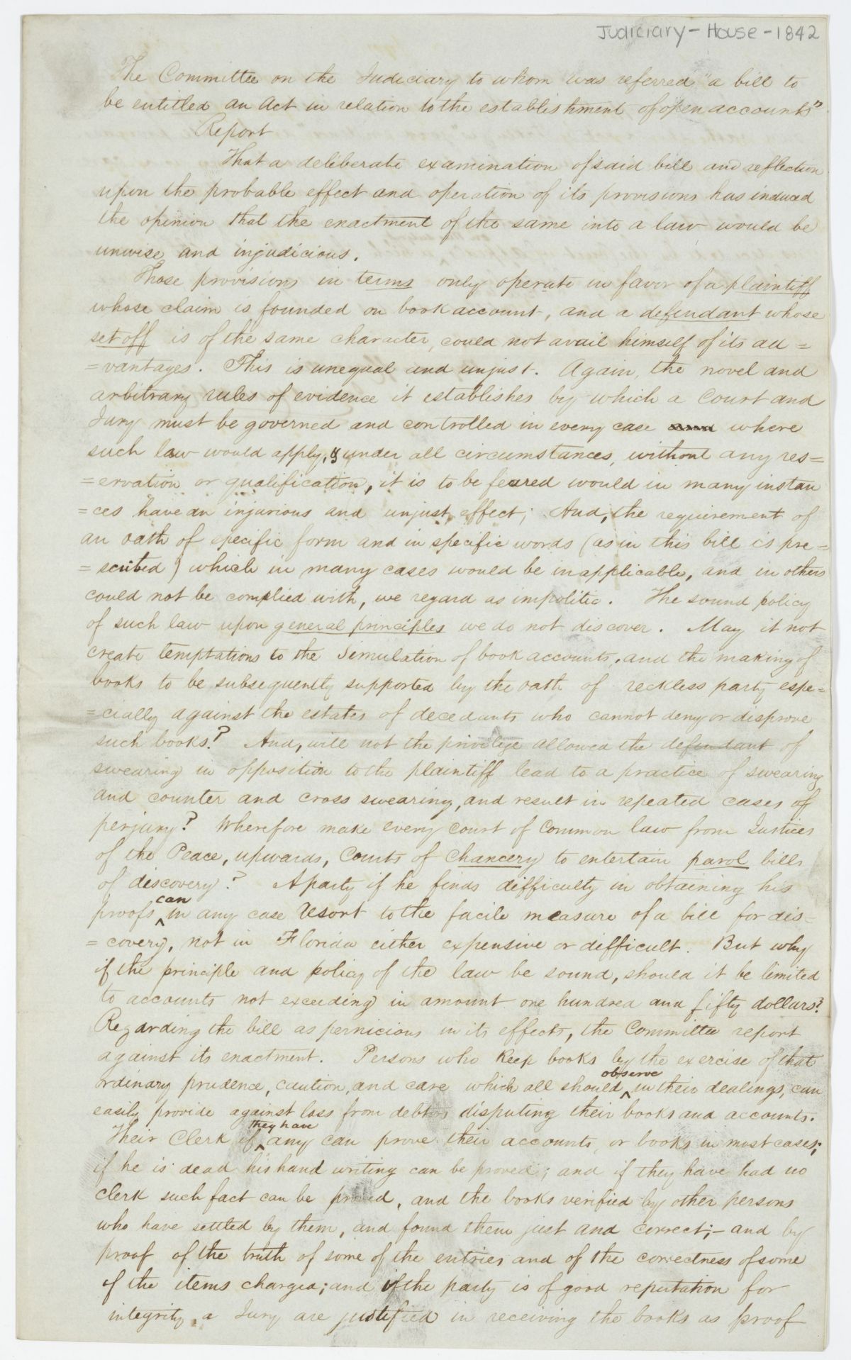 Report of the Committee on the Judiciary to Whom Was Referred a Bill in Relation to the Establishment of Open Accounts, 1842