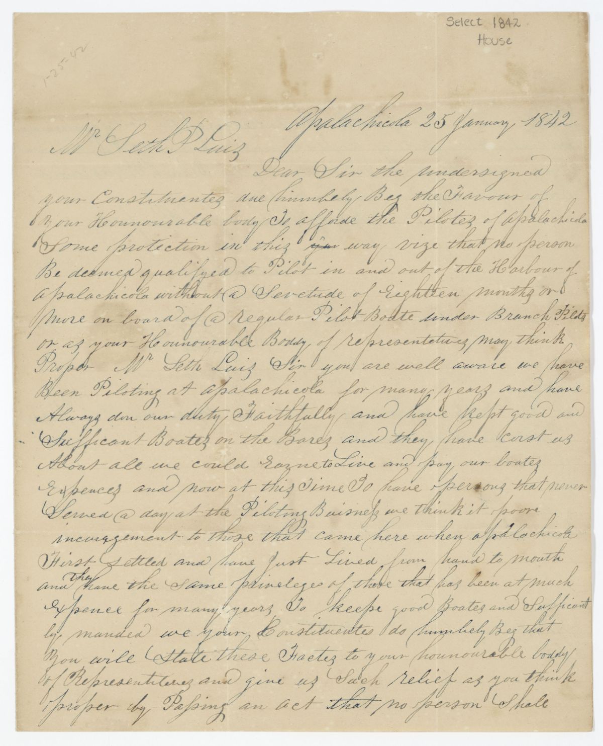 Petition of Citizens of Apalachicola Requesting More Stringent Regulation of Pilots, 1842