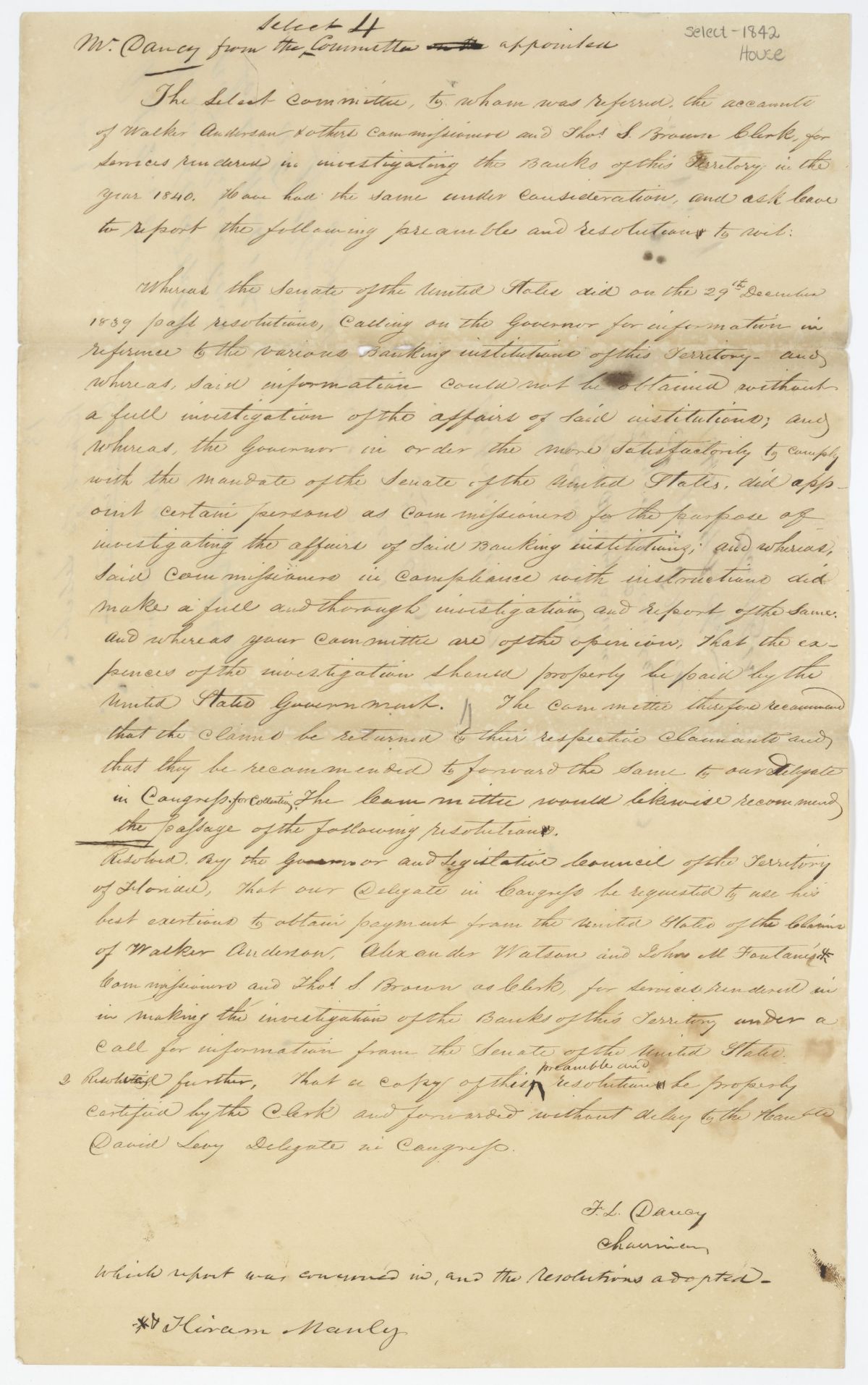 Report of the Select Committee to Whom Was Referred the Accounts of Walker Anderson and Thomas S. Brown, 1842