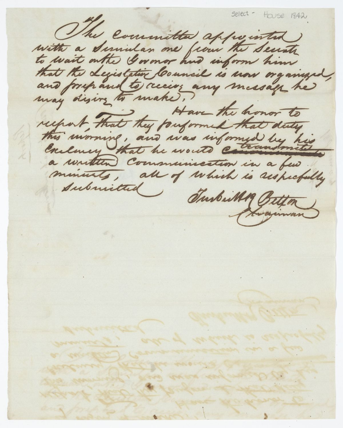 Report of the Select Committee Appointed to Wait on the Governor, circa 1842