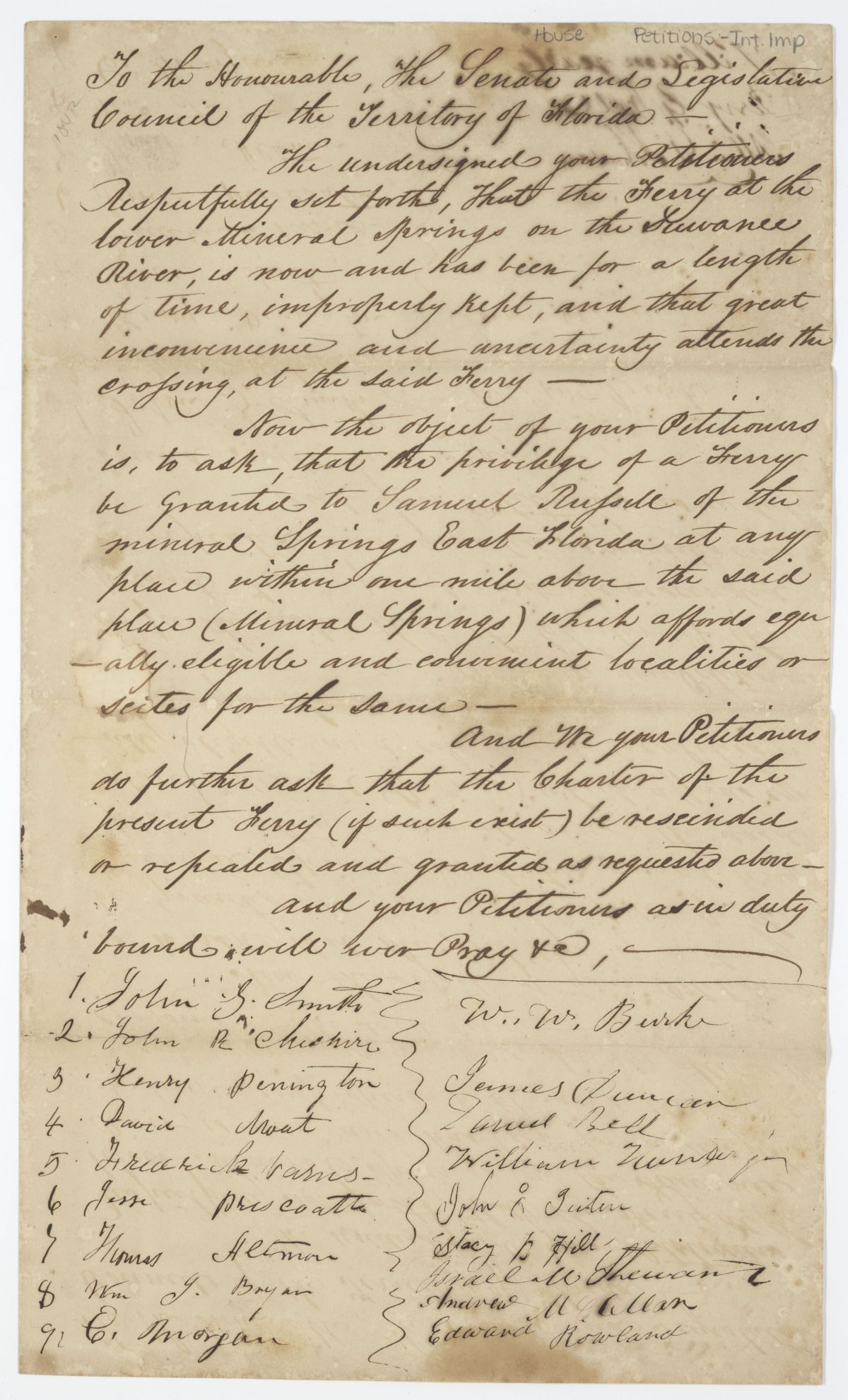 Petition of Citizens Requesting that Samuel Russell Be Allowed to Establish a Ferry on the Suwannee River, circa 1842