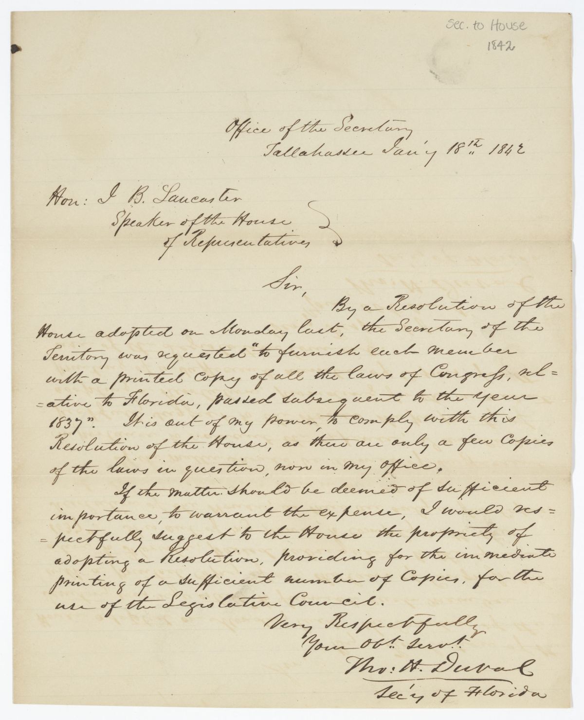 Letter from Secretary of the Territory Thomas H. Duval to the Speaker of the House, 1842