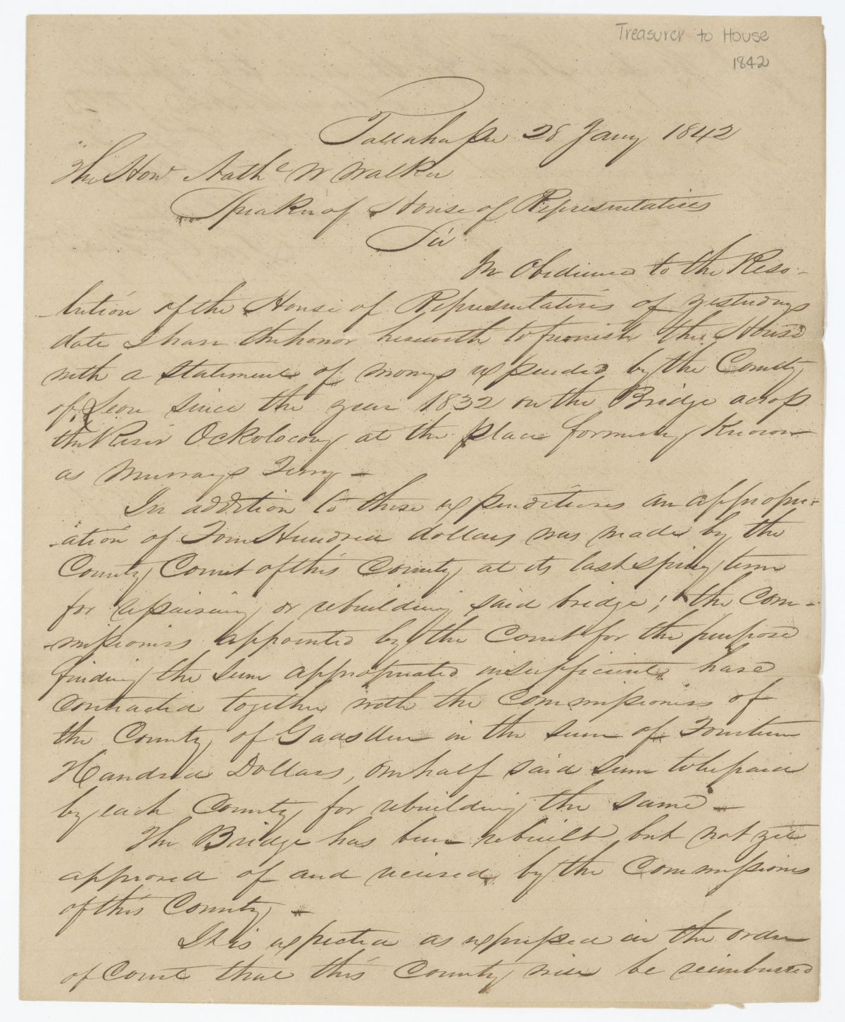 Letter from T. H. Austin to Speaker of the House Nathaniel W. Walker, 1842