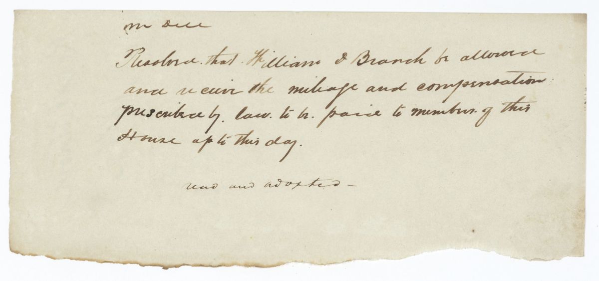 Resolution Providing William D. Branch Compensation for Mileage, circa 1842