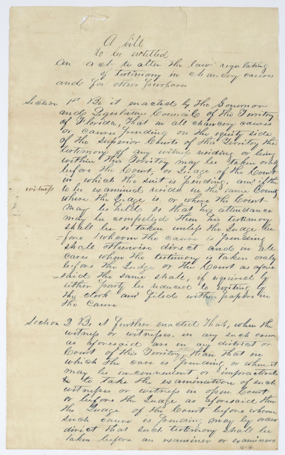 Draft of an Act to Alter the Law Regulating the Taking of Testimony in Chancery Courts and for Other Purposes, circa 1842