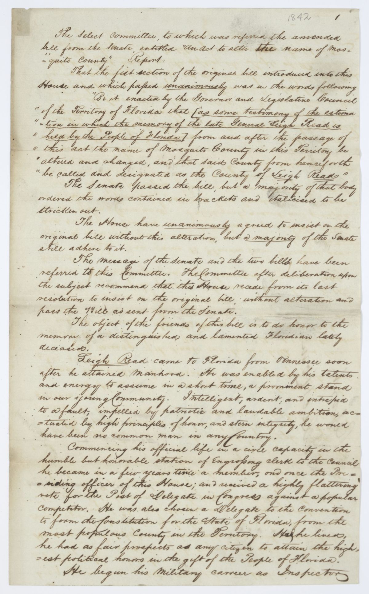 Report of the Select Committee to Which Was Referred an Act to Alter the Name of Mosquito County, circa 1842