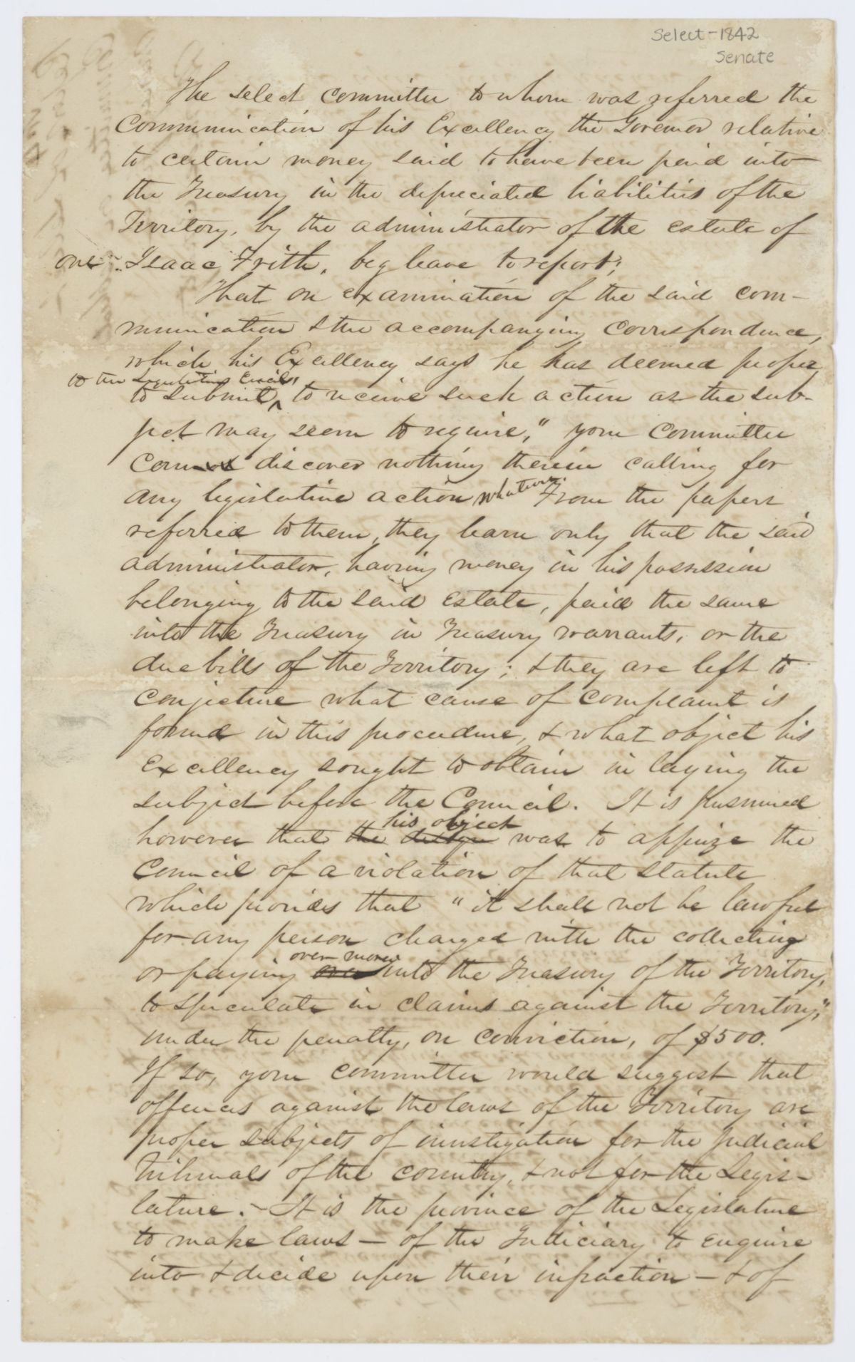 Report of the Select Committee on Escheated Money from Monroe County, circa 1842