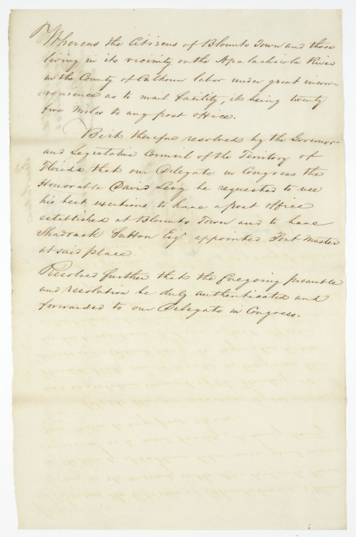 Resolution Instructing the Florida Delegate in Congress to Lobby for the Establishment of a Post Office at Blountstown, 1842