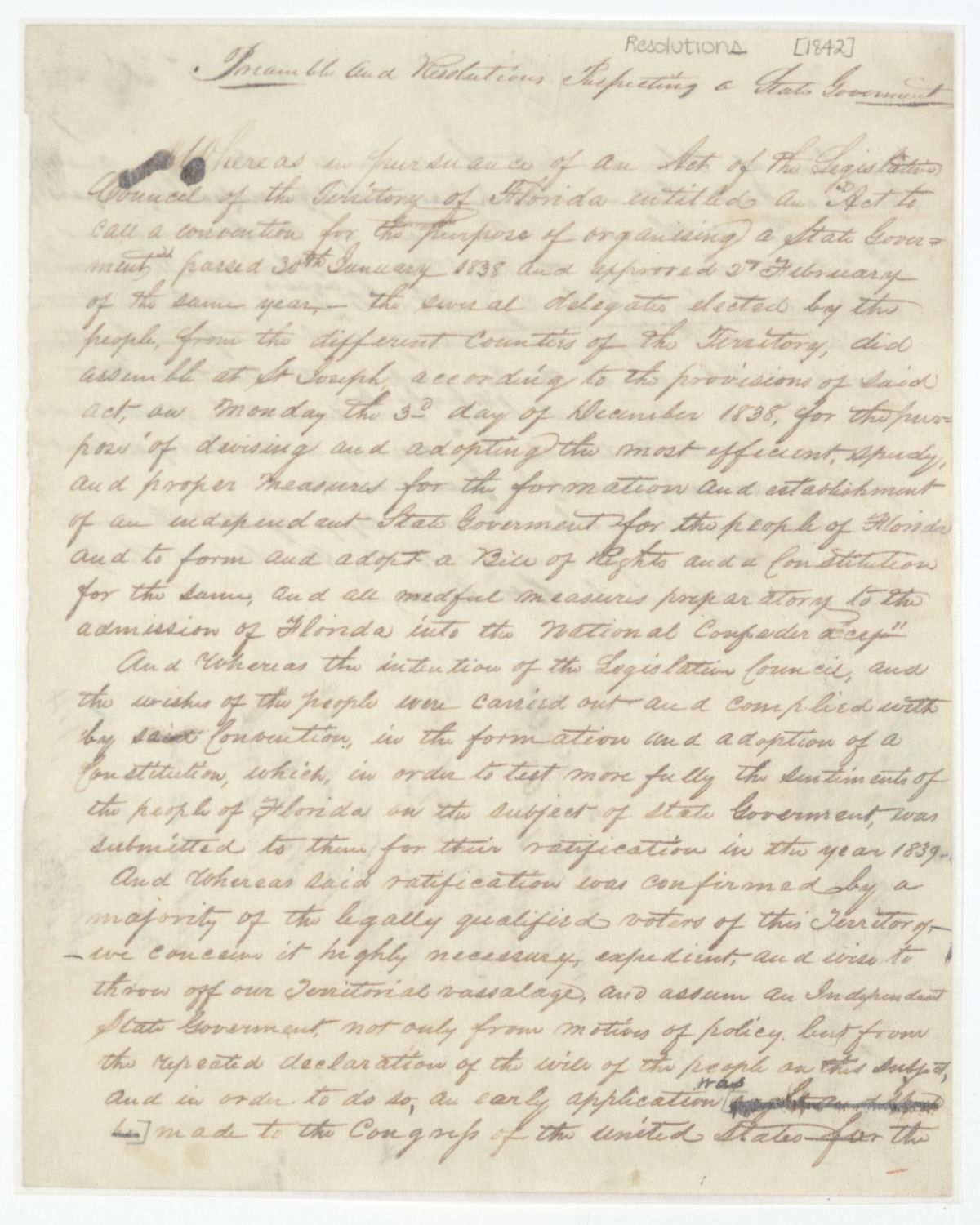 Preamble and Resolution Respecting a State Government, 1842