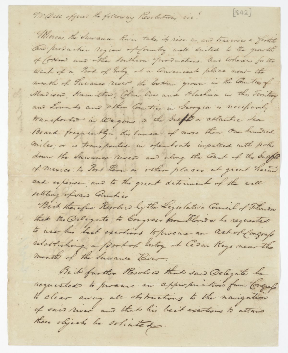 Resolution Directing the Florida Delegate in Congress to Procure a Law Establishing a Port of Entry at Cedar Key, 1842