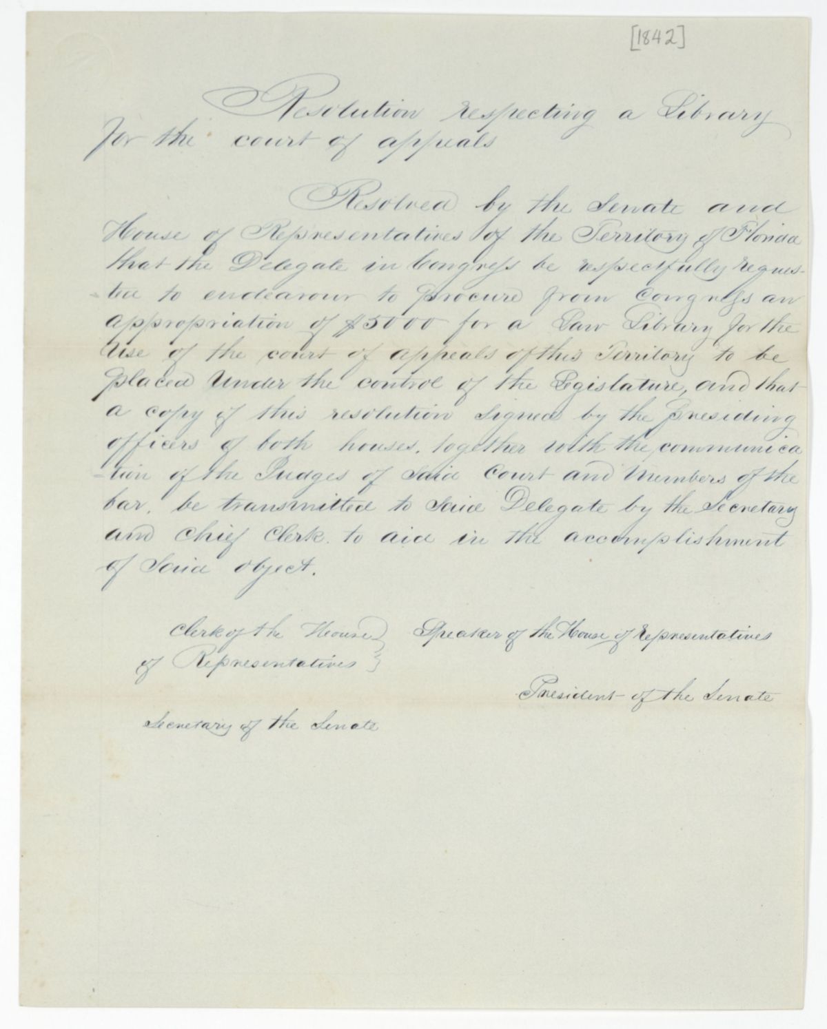 Resolution Instructing the Florida Delegate in Congress to Procure an Appropriation for a Law Library, 1842