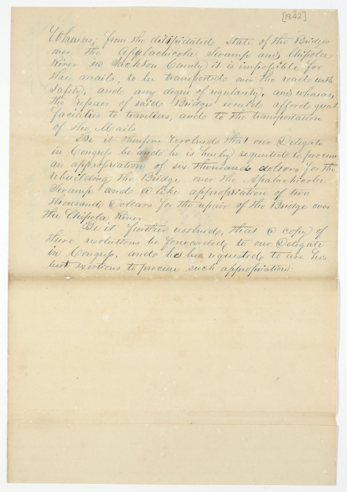 Resolution Instructing the Florida Delegate in Congress to Procure an Appropriation for Bridge Building and Repair, 1842