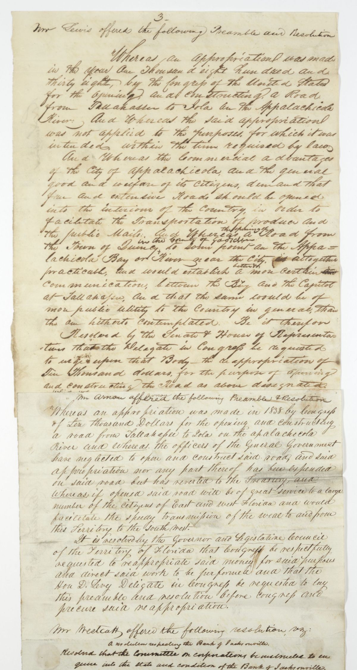 Two Resolutions: One Concerning a Road and Another Concerning an Investigation of a Bank, circa 1842