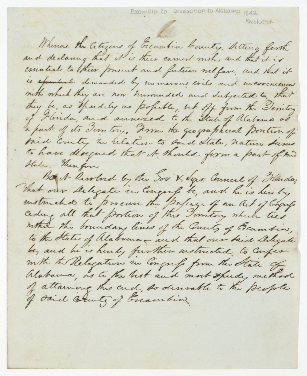 Resolution Instructing the Florida Delegate in Congress to Procure the Passage of an Act Ceding Escambia County to Alabama, circa 1842