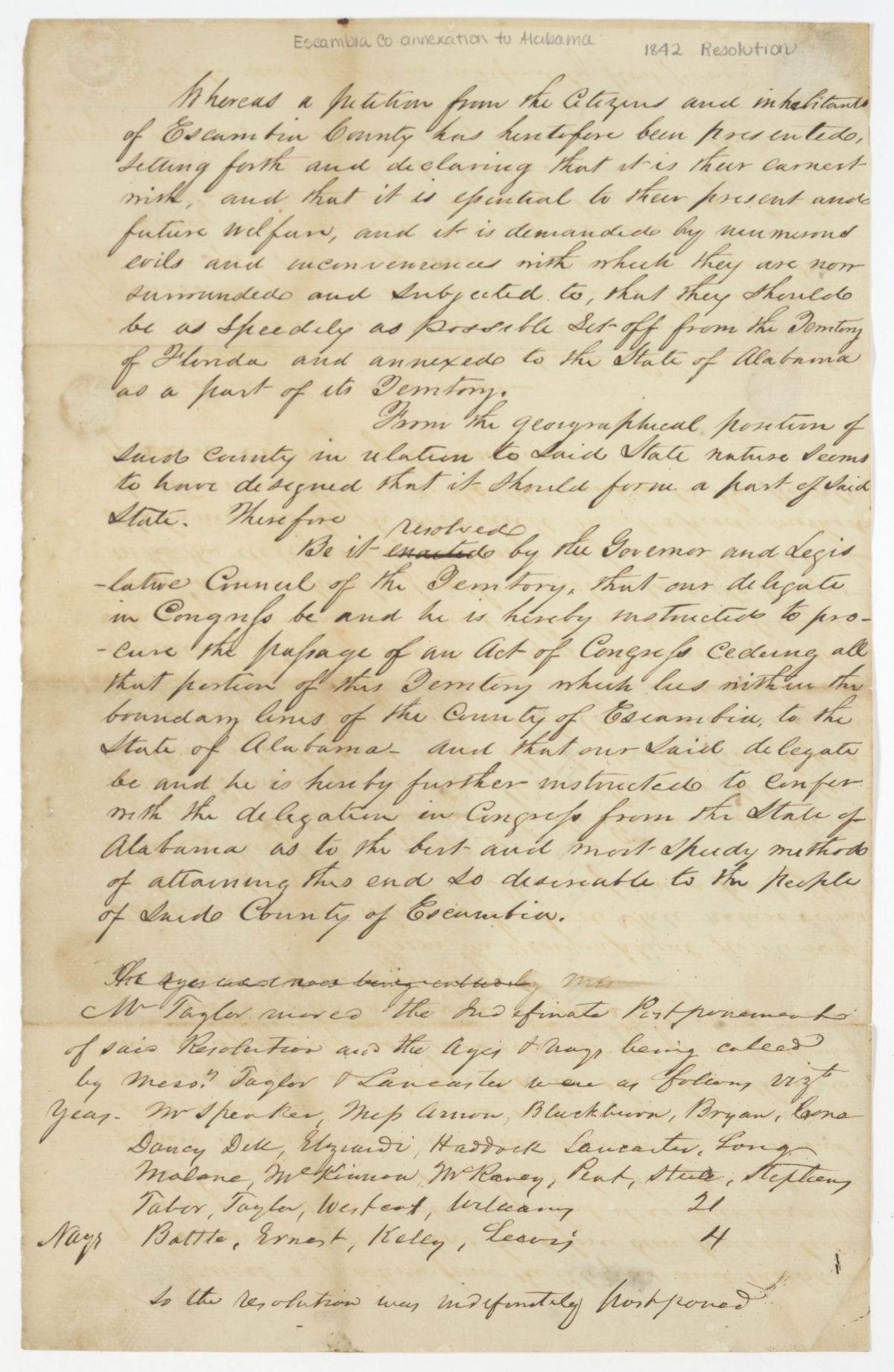 Resolution Calling for the Cession of Escambia County to Alabama with a Motion to Postpone, circa 1842