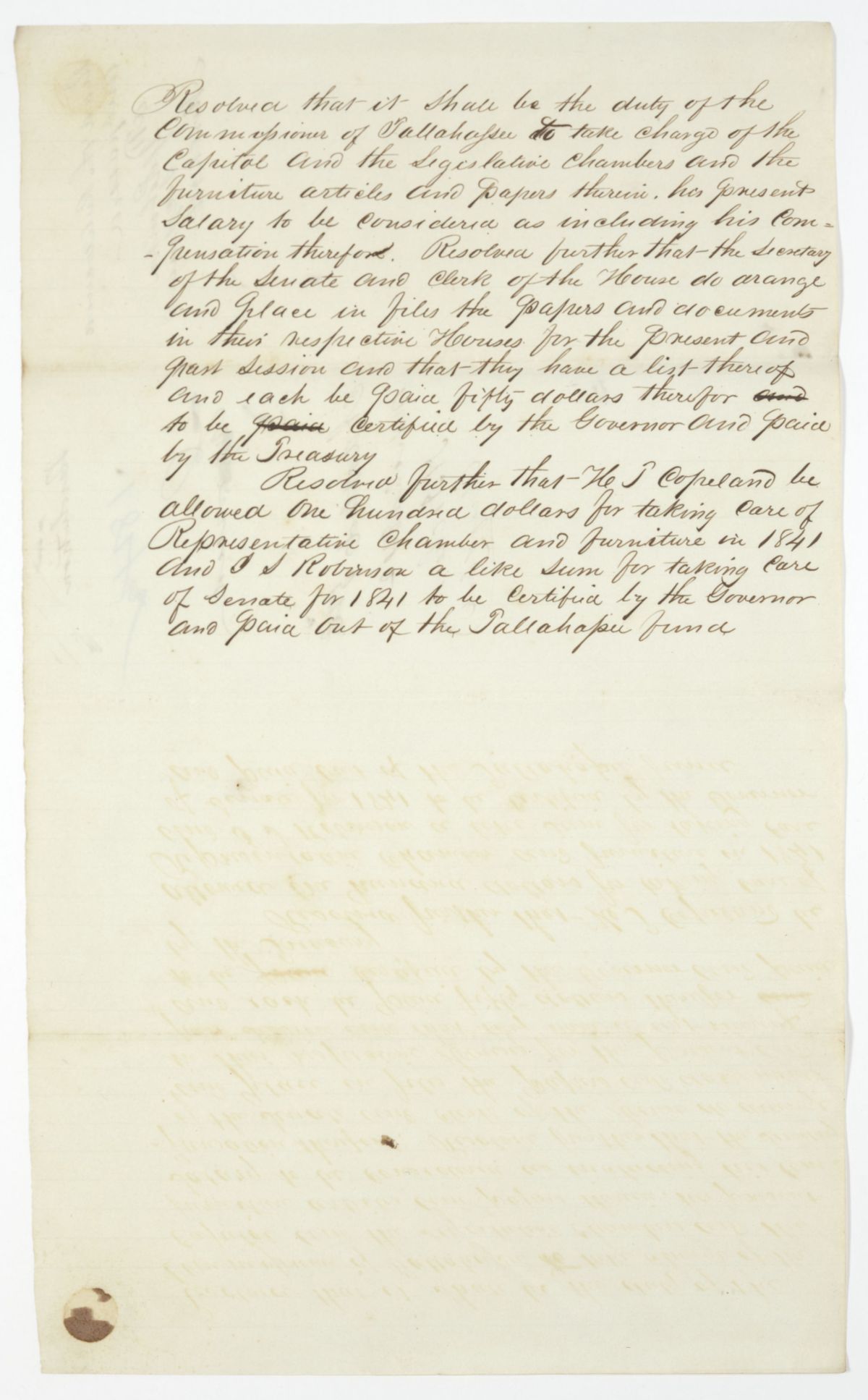 Resolution Making it the Duty of the Commissioner of Tallahassee to Take Charge of the Capitol and Legislative Chambers, 1842