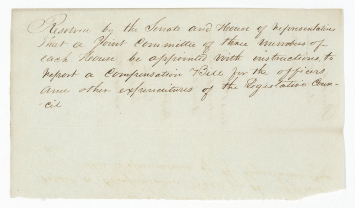 Resolution Calling for a Joint Committee to Report a Bill for the Compensation of Legislative Officers, circa 1842