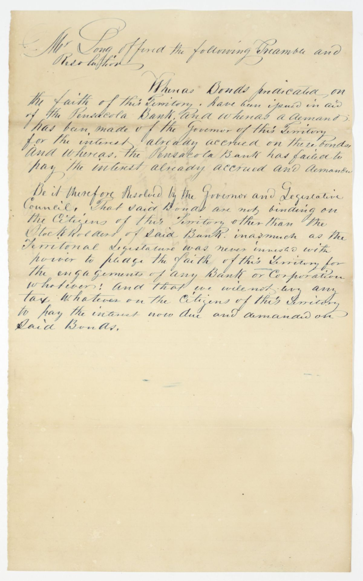 Resolution Declaring that the Territory of Florida Has No Obligation to Pay the Interest on Bonds Issued by the Pensacola Bank, 1842