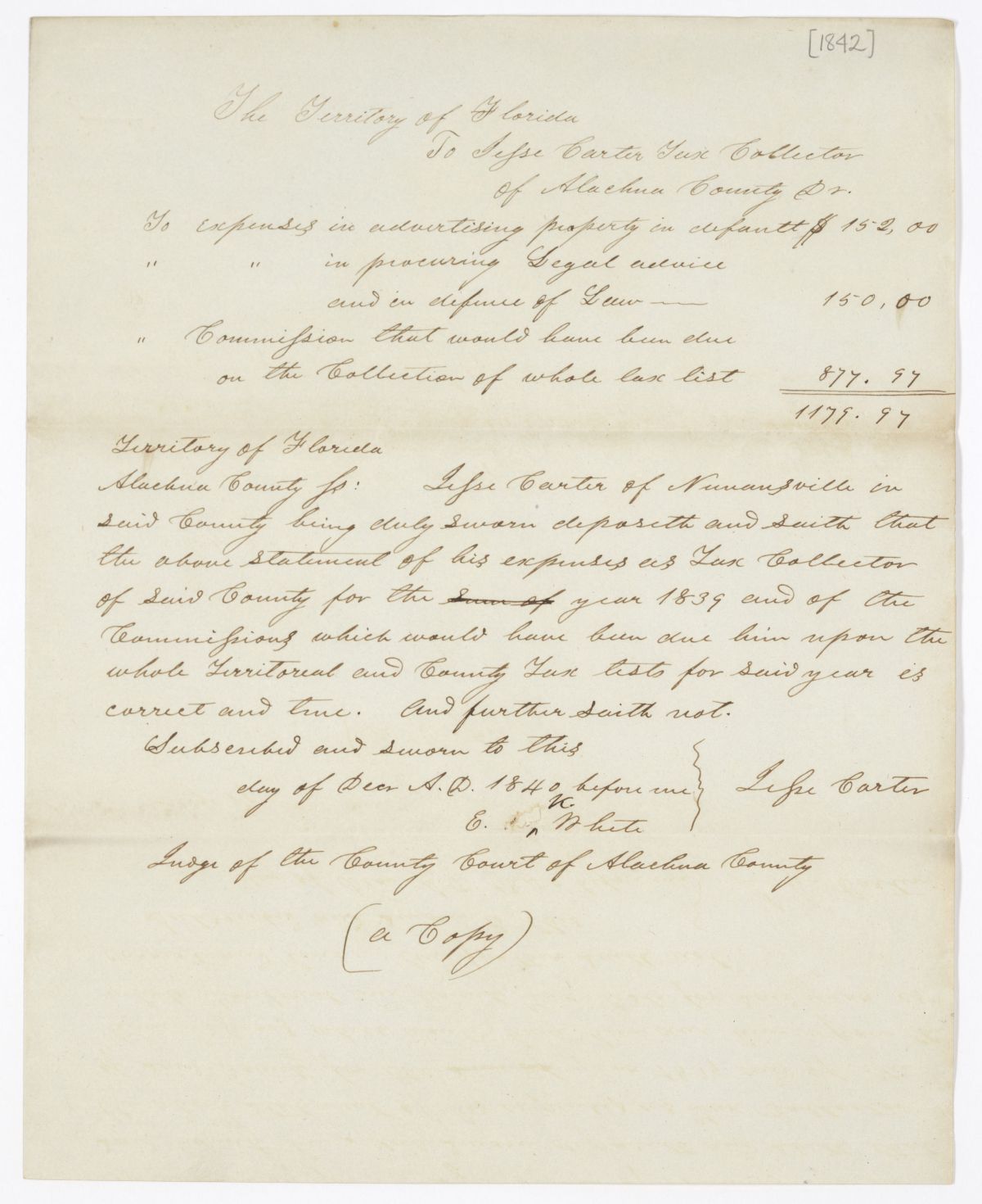 Affidavit Attesting to the Expenses Incurred by Jesse Carter While Working as the Tax Collector of Alachua County, 1840