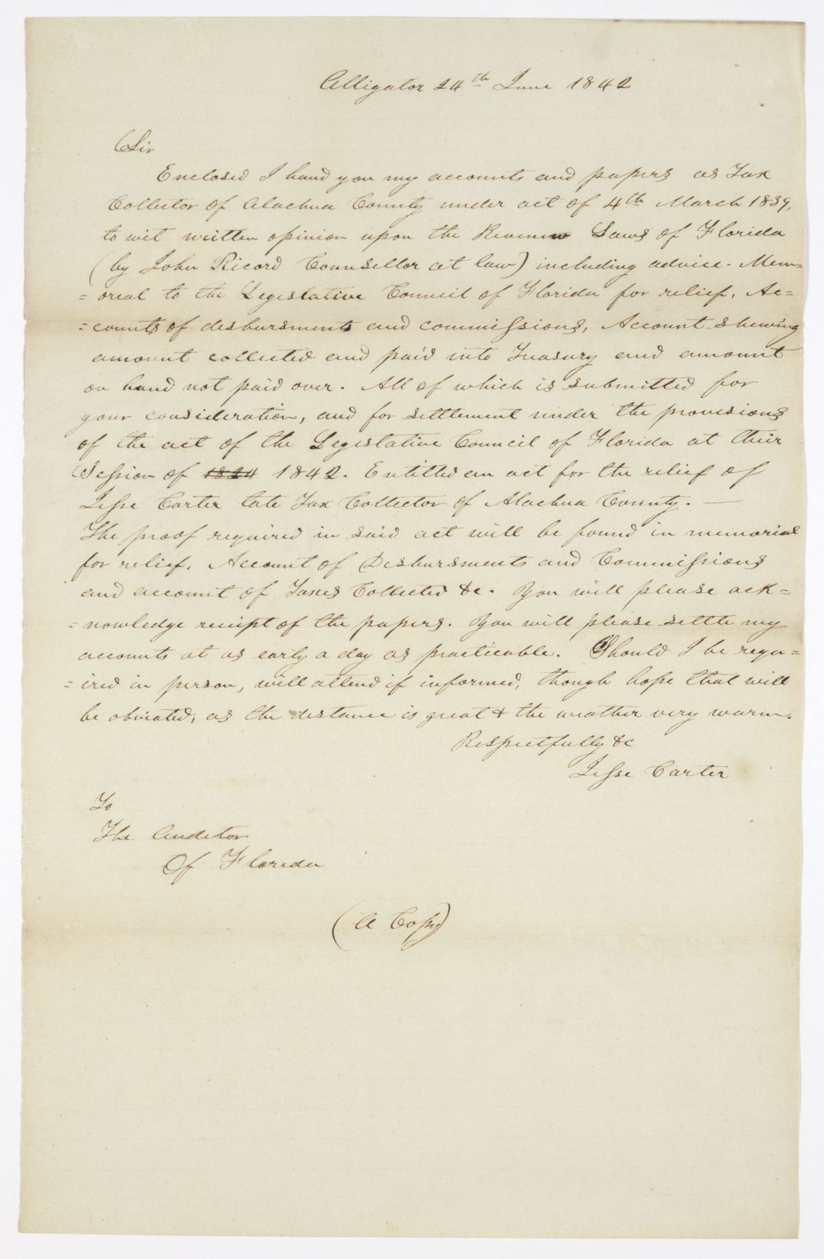 Letter from Jesse Carter to the Auditor of Florida Concerning His Work as the Tax Collector of Alachua County, 1842