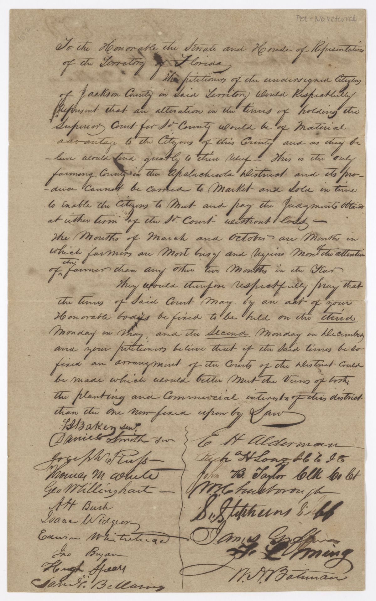 Petition of Citizens of Jackson County Requesting that the Times of Holding the Superior Court Be Changed, circa 1842