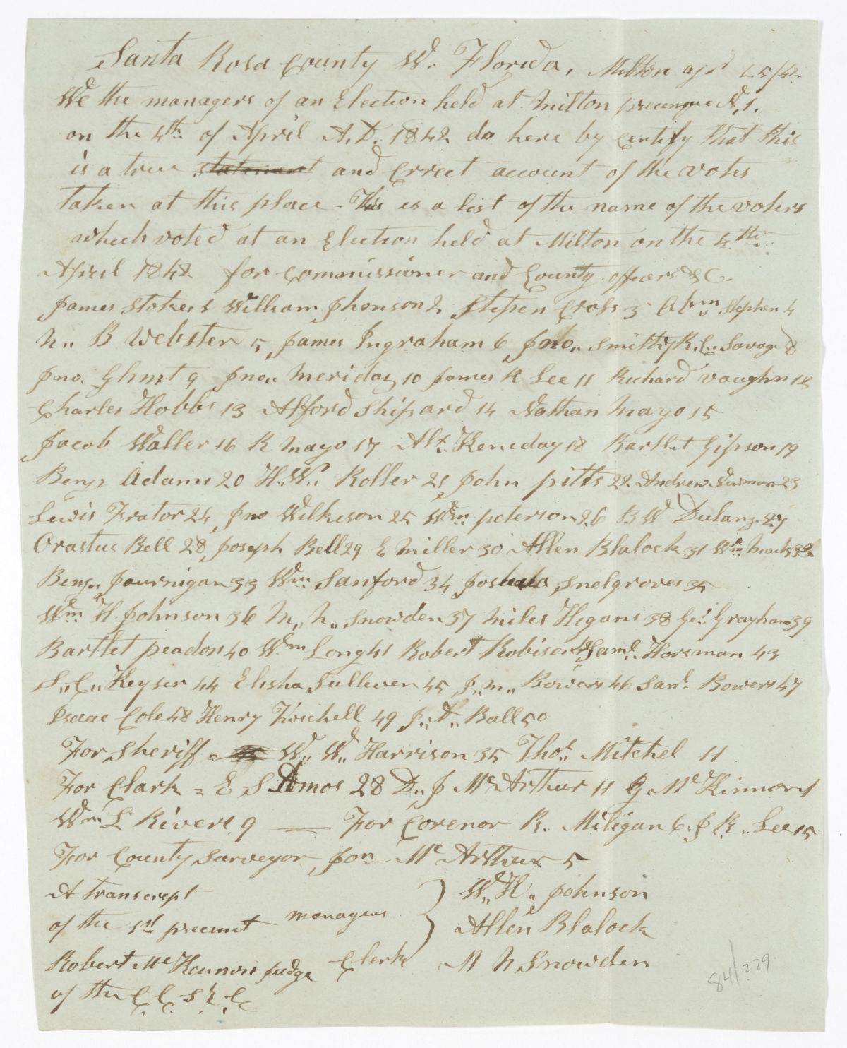 Letter from Robert McKinnon to Governor Richard Keith Call Concerning Election Returns in Santa Rosa County, 1842