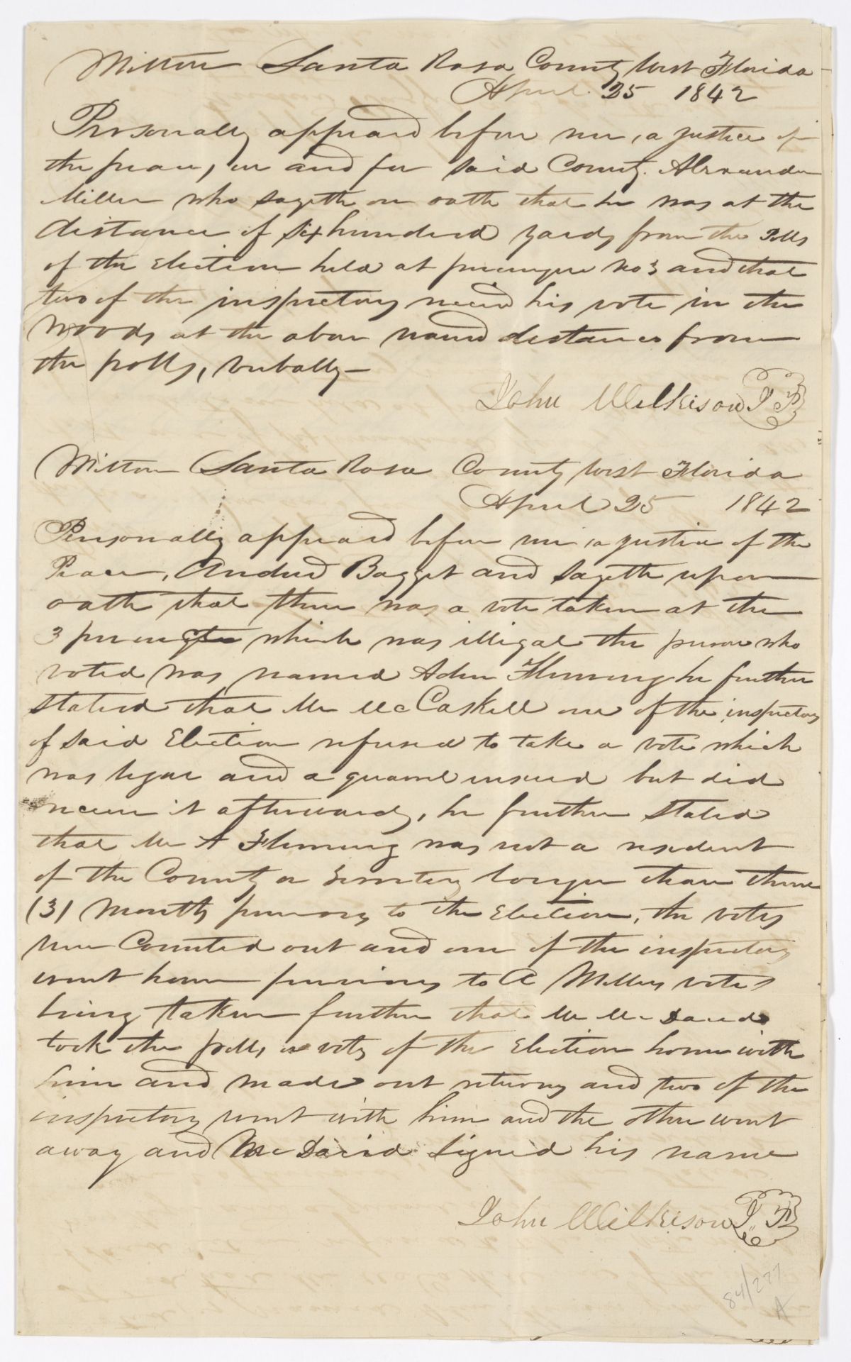 Depositions Concerning an Election Held in Santa Rosa County, 1842