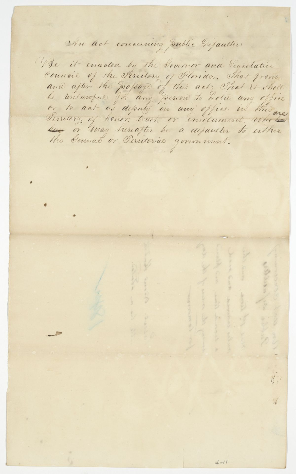 Draft of an Act Concerning Public Defaulters, circa 1842