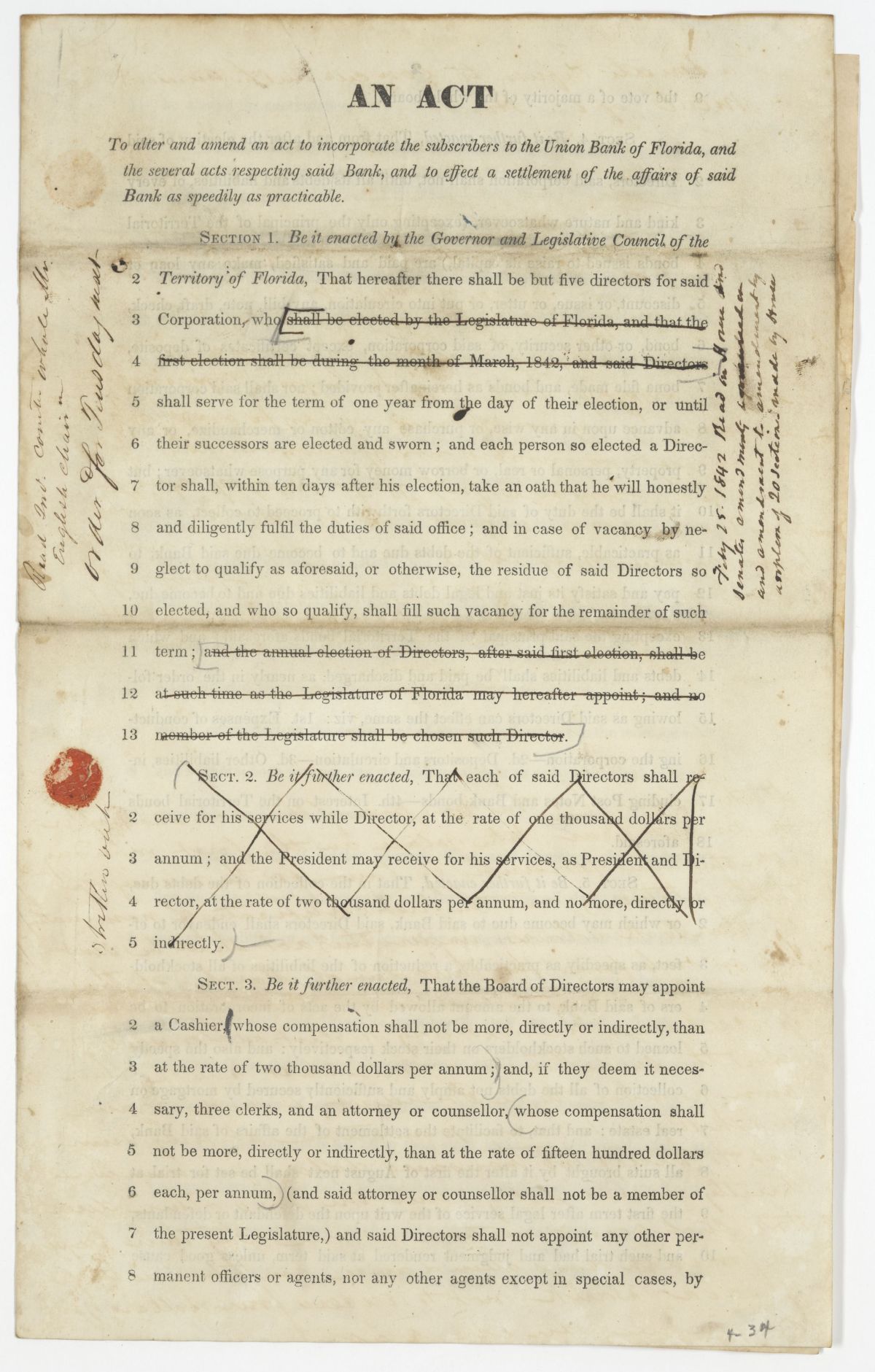 Three Drafts of an Act to Amend an Act to Incorporate the Subscribers to the Union Bank of Florida, circa 1842