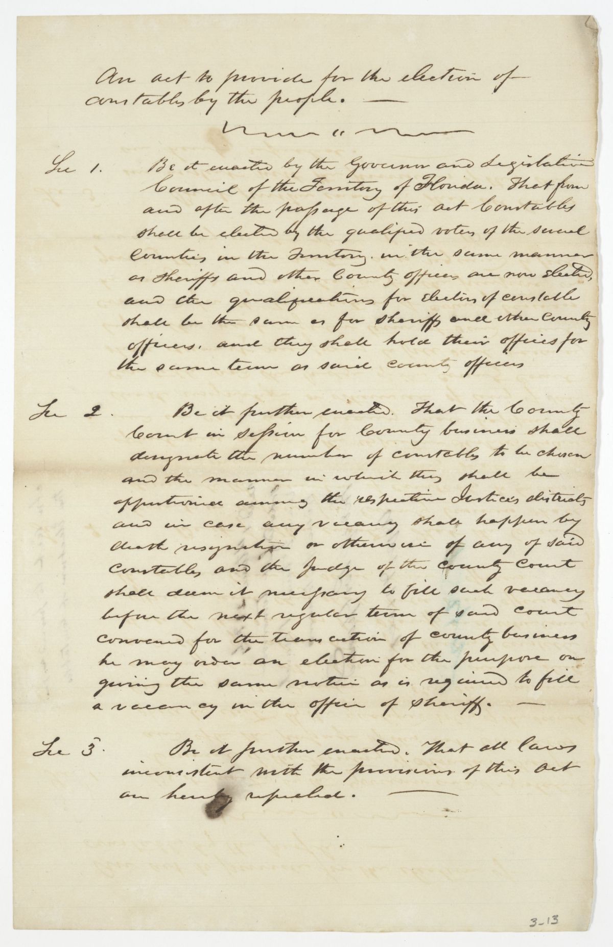 Draft of an Act to Provide for the Election of Constables by the People, circa 1842