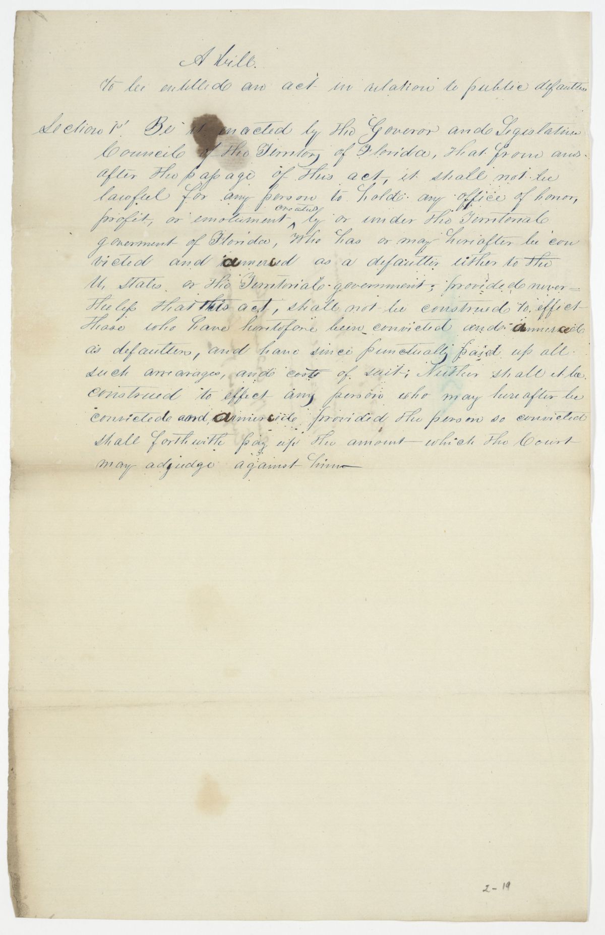 Draft of an Act in Relation to Public Defaulters, circa 1842